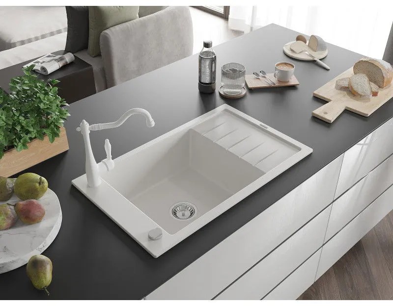 Mexen Elias, granitový drez 795x480x200 mm, 1-komorový a drezová batéria Carla, biela, 6511-20-670700-20