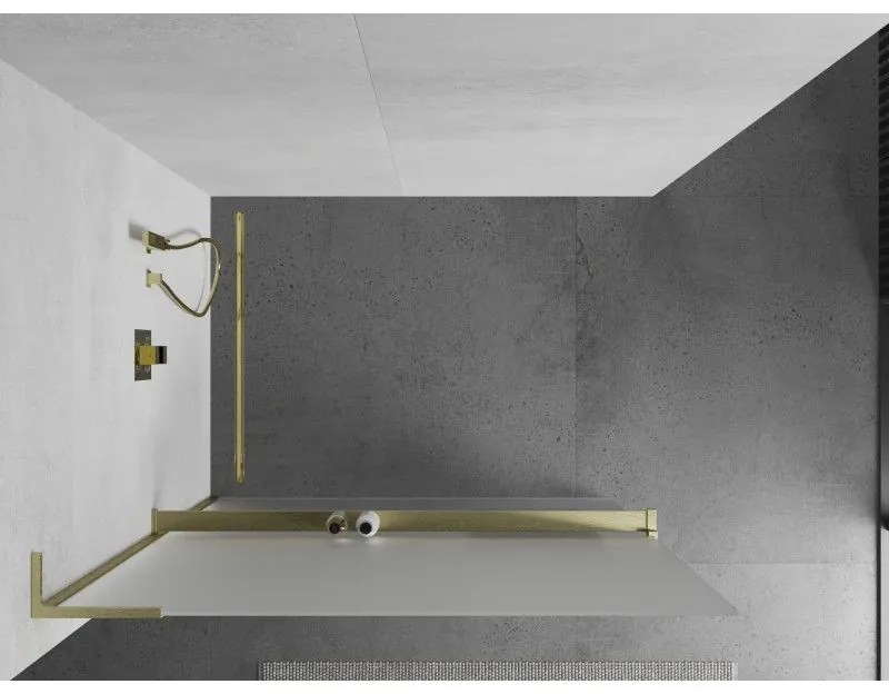 Mexen Kioto+ L, sprchová zástena Walk-In s poličkou a vešiakom 90 x 200 cm, 8mm sklo námraza, zlatý matný profil, 800-090-123-55-30