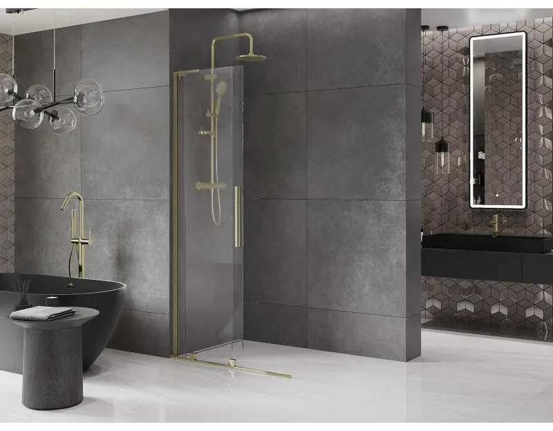 Mexen Velar L, posuvná sprchová zástena Walk-in 110 x 200 cm, 8mm číre sklo, zlatá lesklá, 871-110-003-03-50