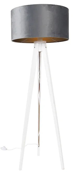 Moderná stojaca lampa statív biela so šedým velúrovým tienidlom 50 cm - Tripod Classic