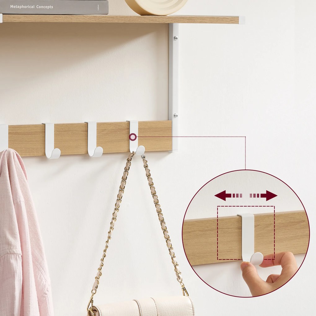 Nástenná polica s háčikmi VELORY sada 2 ks 50x24,2 cm, biela/dub sonoma