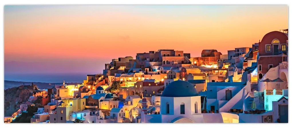 Obraz - Santorini pri zotmení (120x50 cm)