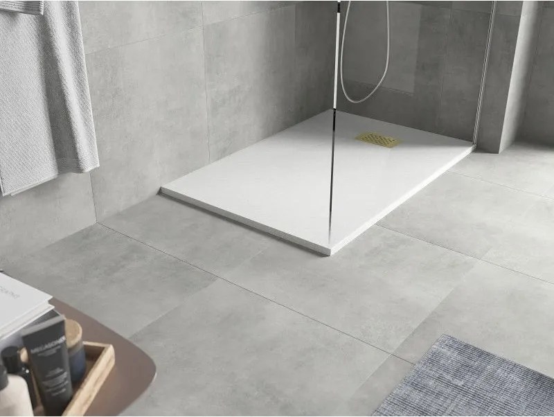 Mexen Hugo, obdĺžniková sprchová vanička SMC 130 x 80 cm, biela, zlatá krytka, 42108013-G