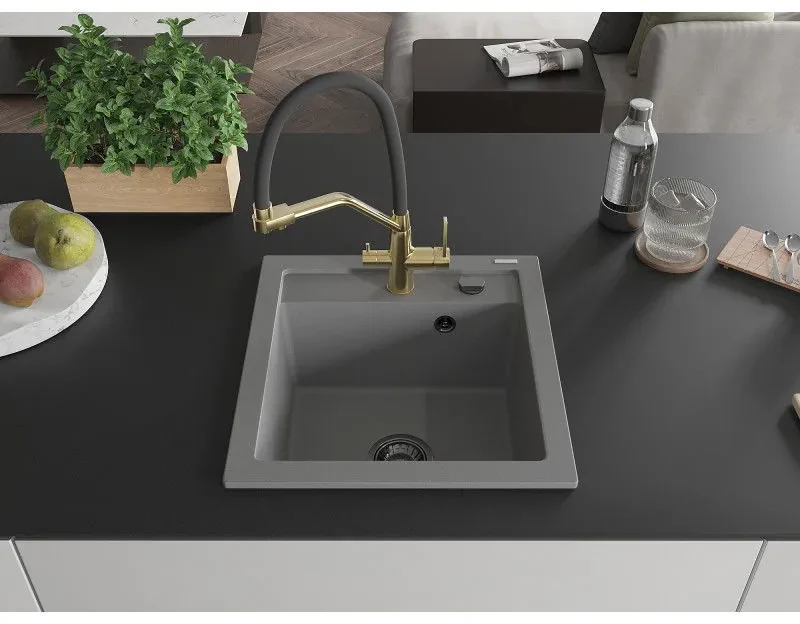 Mexen Vito, 1-komorový granitový drez 520x490x210 mm, drezová batéria Duo, šedá, 6503-71-671701-57-B
