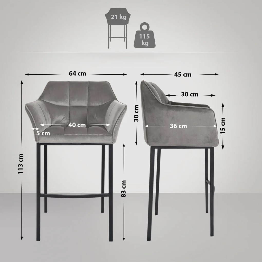 Barová stolička Damaso B - zamat, čierny 4-nohý rám - Sivá