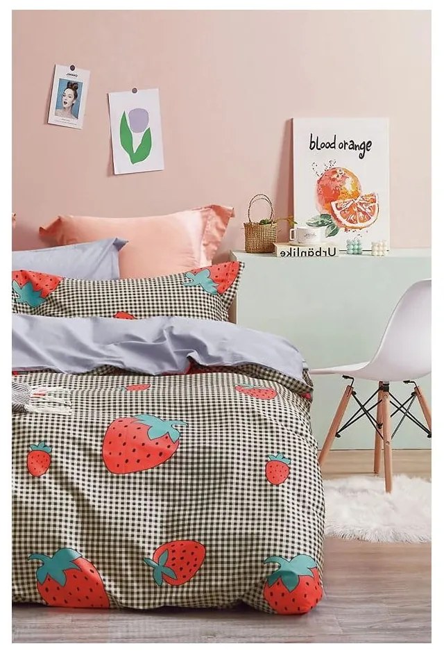 Predĺžené obliečky na jednolôžko z bavlny Renforcé s plachtou/3-dielne 160x220 cm Strawberry – Mila Home