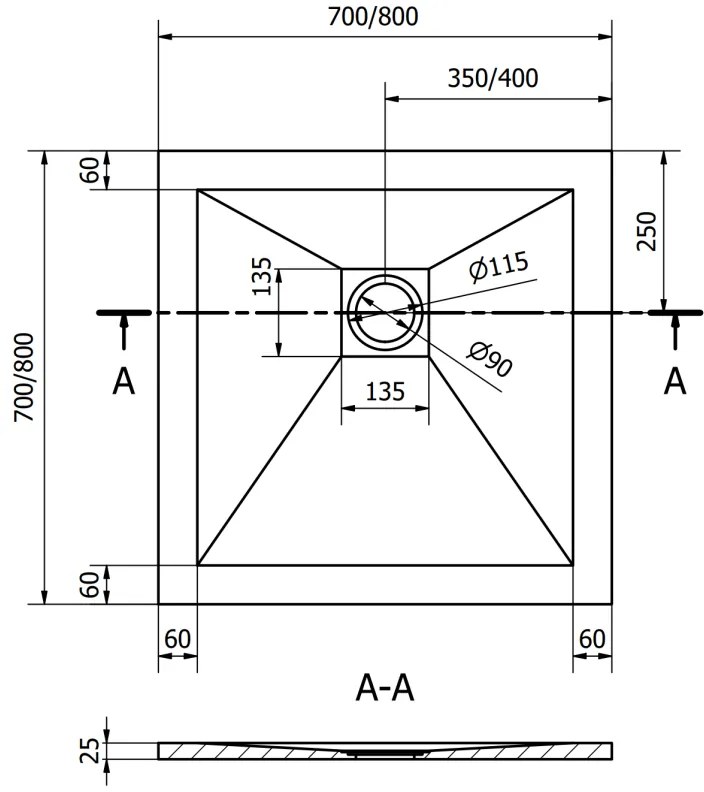 Mexen Stone+, štvorcová vanička z minerálneho kompozitu 80 x 80 cm, biela, 44108080