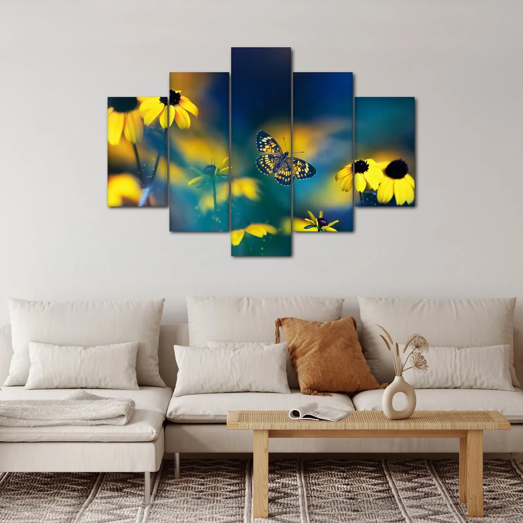 Obraz - Žltý motýľ s kvetmi (150x105 cm)