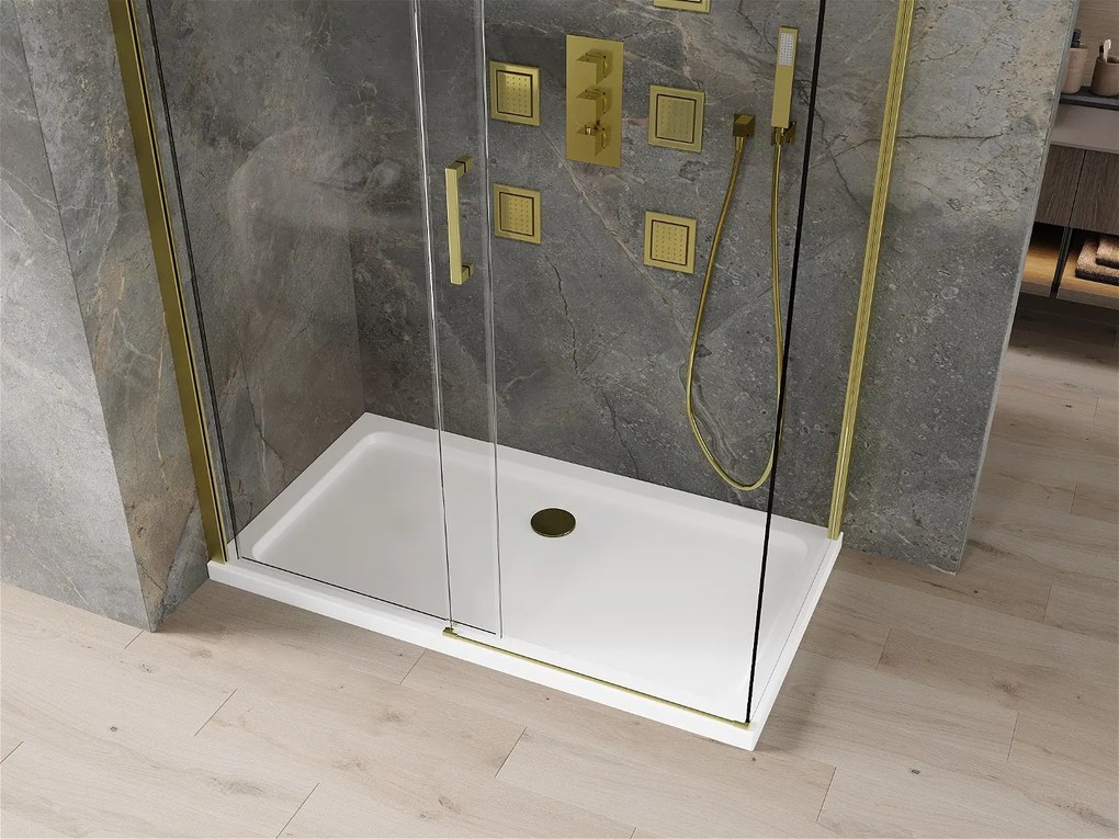 Mexen Omega, sprchovací kút s posuvnými dverami 130 (dvere) x 70 (stena) cm, 8mm číre sklo, zlatý profil + slim sprchová vanička 5cm, 825-130-070-50-00-4010