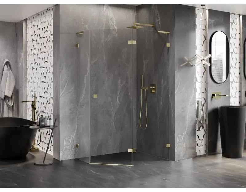 Mexen Lunar, L pravý výklopný päťuholníkový sprchový kút 100 x 80 cm, 8mm číre sklo, zlatý profil, 831L-100P-080L-50-00-P