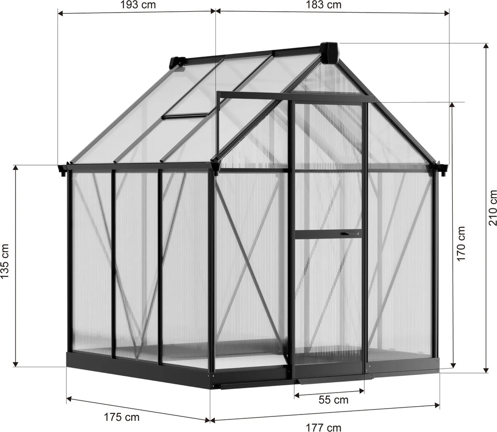 Skleník 210 x 183 x 193 cm, zosilnená konštrukcia, polykarbonát 6 mm