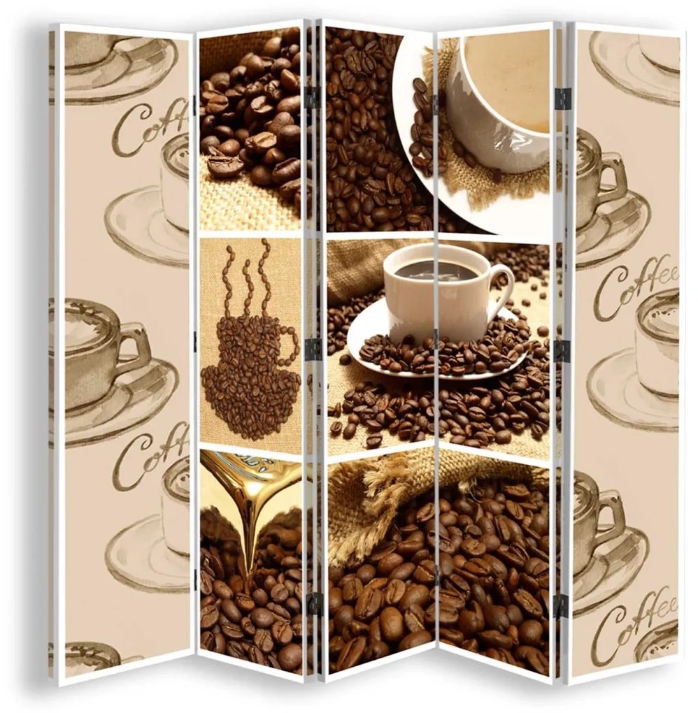 Ozdobný paraván, Káva v různých podobách - 180x170 cm, päťdielny, korkový paraván