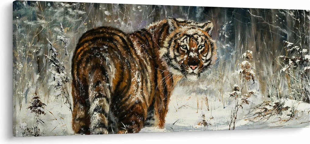 Obraz - Tiger v zasneženom lese, olejomaľba (120x50 cm)