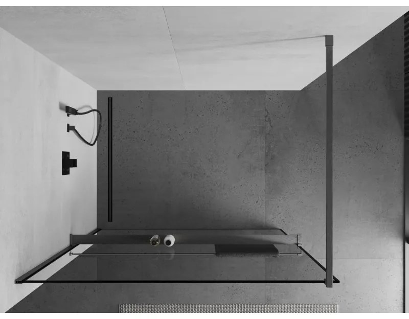 Mexen Kioto+, sprchová zástena Walk-In s poličkou a vešiakom 130 x 200 cm, 8mm číre sklo čierny vzor, grafitový profil, 800-130-121-66-70