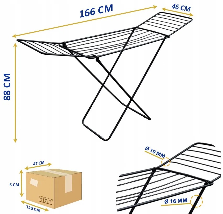 Erga Model 203, sušiak na bielizeň 178x55x106 cm, čierna, ERG-SEP-10SUSST203BLA