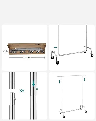 SongmicsHome Stojan na oblečnie IRENE na kolieskach, max.130kg, 150x45x160cm, strieborná