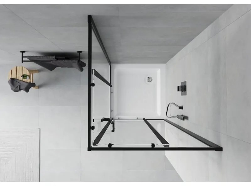 Mexen Rio, štvorcový sprchovací kút s posuvnými dverami 70(dvere) x 70(dvere) x 190 cm, 6mm číre sklo námraza, čierny profil + biela sprchová vanička RIO, 860-070-070-70-00-4510