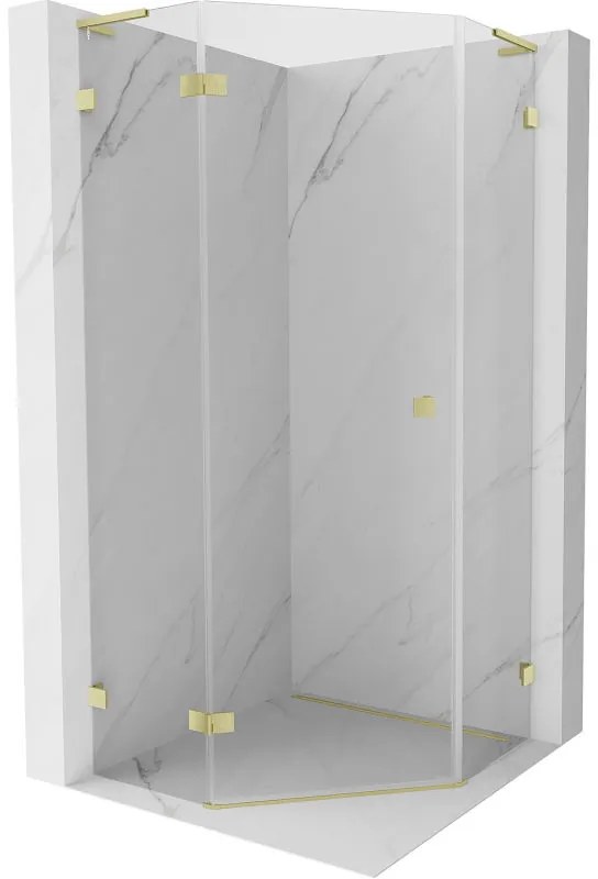 Mexen Lunar, L päťuholníkový sprchový kút naklápací doľava 80 x 80 cm, 8mm číre sklo, zlatý matný profil, 831L-080L-080P-55-00-L