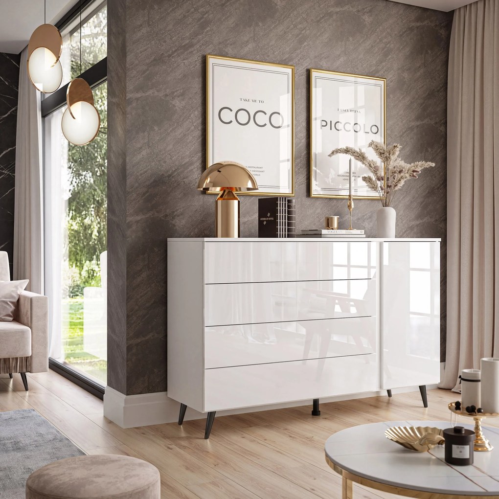 Komoda AMBROSIA na nožičkách biely lesk 138 cm s LED osvetlením