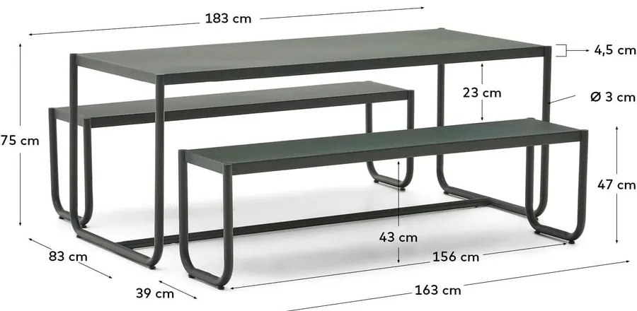 Tmavozelená kovová záhradná jedálenská súprava pre 4 Sotil – Kave Home