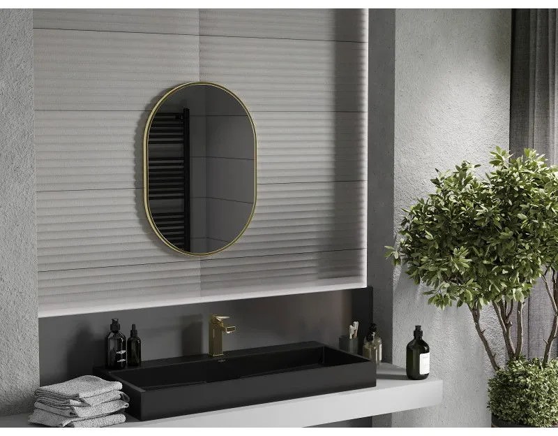 Mexen Loft, oválne kúpeľňové zrkadlo 70 x 50 cm, farba rámu zlatá lesklá, 9851-070-050-000-50