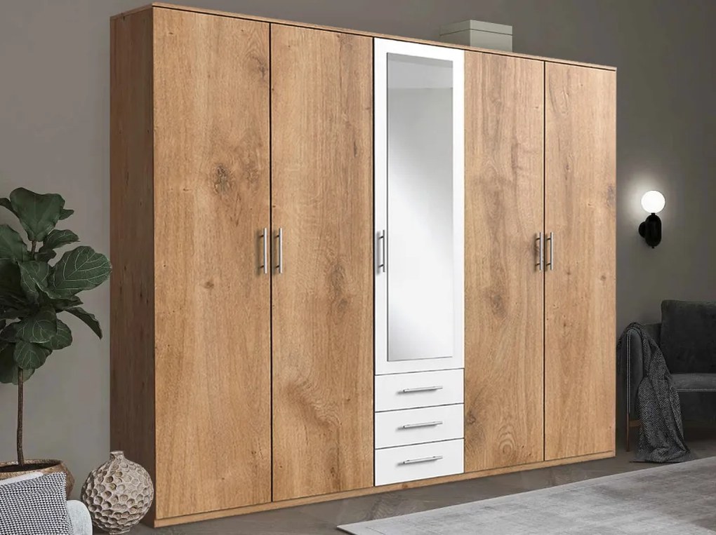 Šatníková skriňa Ben, 225 cm, doskový dub/biela