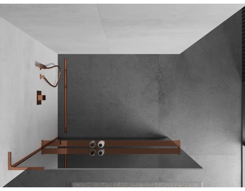 Mexen Kioto+ L, sprchová zástena Walk-In s poličkou a vešiakom 100 x 200 cm, 8mm sklo vzor zrkadlo, ružové zlato profil, 800-100-123-60-50