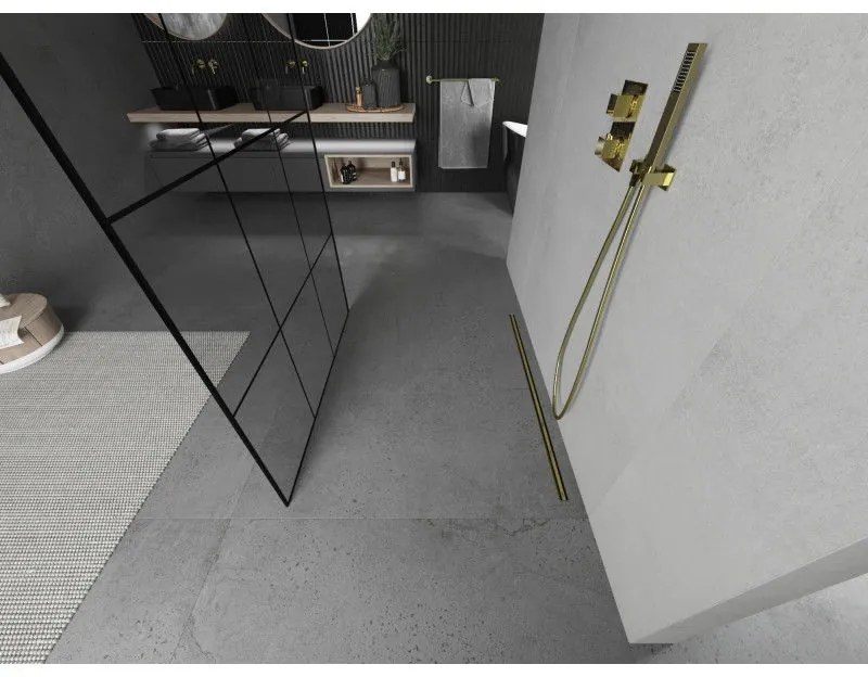 Mexen Kioto, priechodná sprchová zástena 120 x 200 cm, 8mm sklo číre/čierny vzor, 2x zlatá stabilizačná rozpera, 800-120-002-50-77