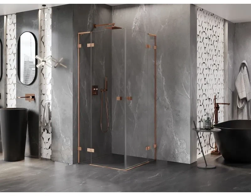 Mexen Lunar, L Duo výklopný sprchový kút 95 x 95 cm, 8mm číre sklo, profil medená matná, 834L-095L-095P-65-00