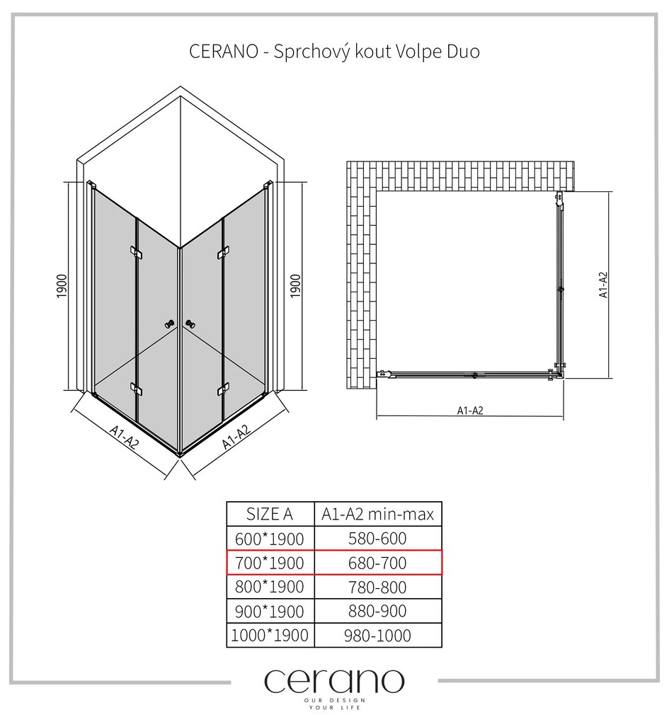 Cerano Volpe Duo, sprchovací kút so skladacími dverami 70(dvere) x 70(dvere), 6mm číre sklo, chrómový profil, CER-CER-427357