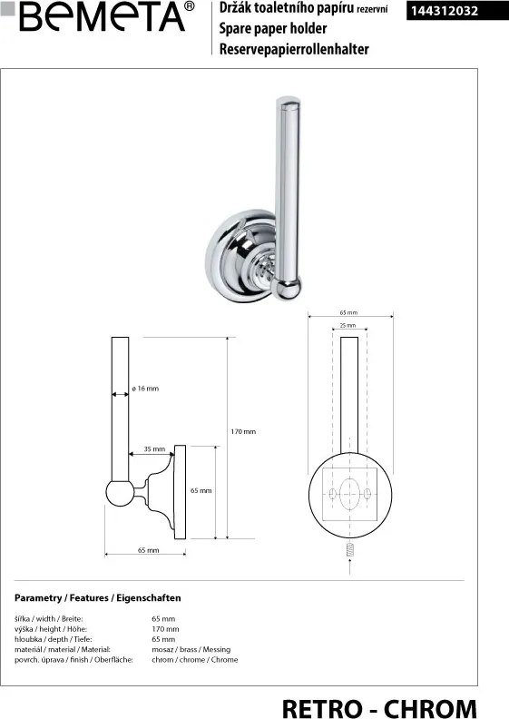 Bemeta Design RETRO chróm: Držiak toaletného papiera, rezervný - 144312032