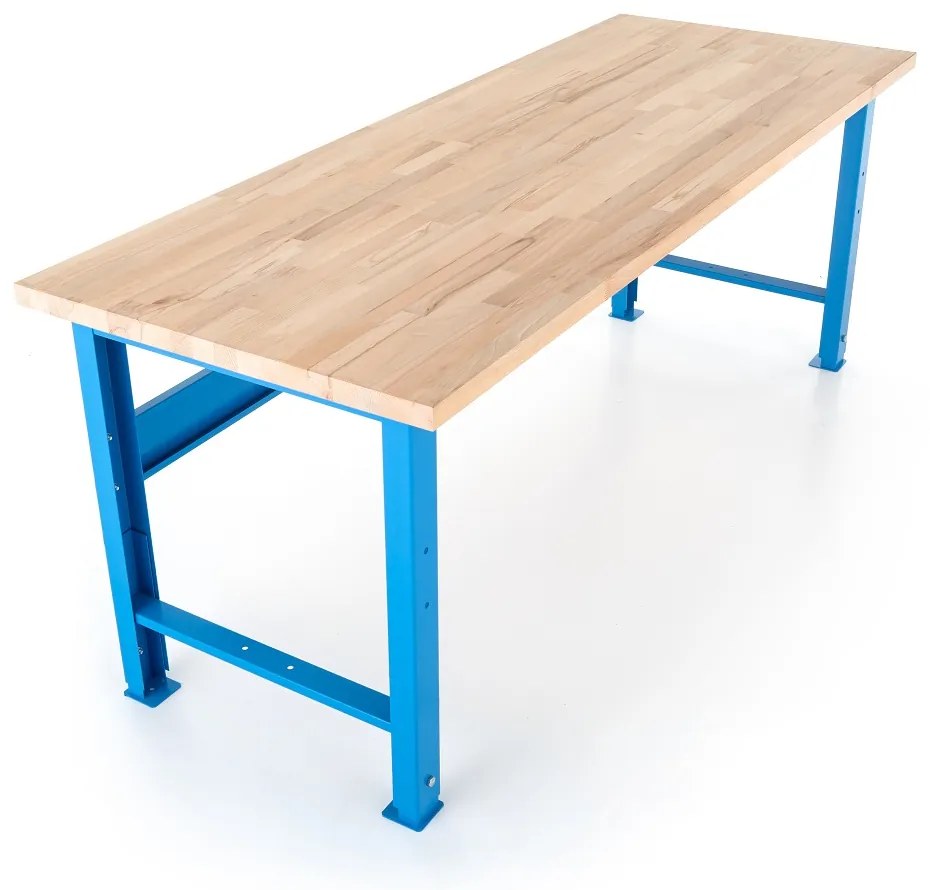 Výškovo nastaviteľný dielenský stôl Basic s čelnou doskou 200 x 80 cm, modrá