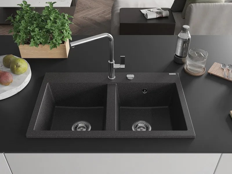 Mexen Hektor dvojkomorový granitový drez 800 x 480 mm, čierny s fľakmi, chrómový sifón - 6521802000-76