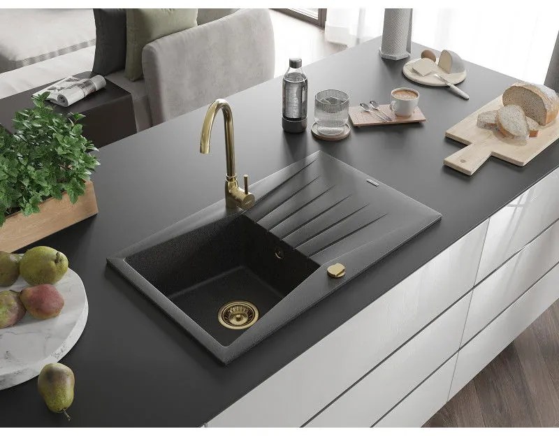 Mexen Cesar, granitový drez 775x470x190 mm, 1-komorový, čierna škvrnitá so zlatým sifónom, 6514771010-76-G