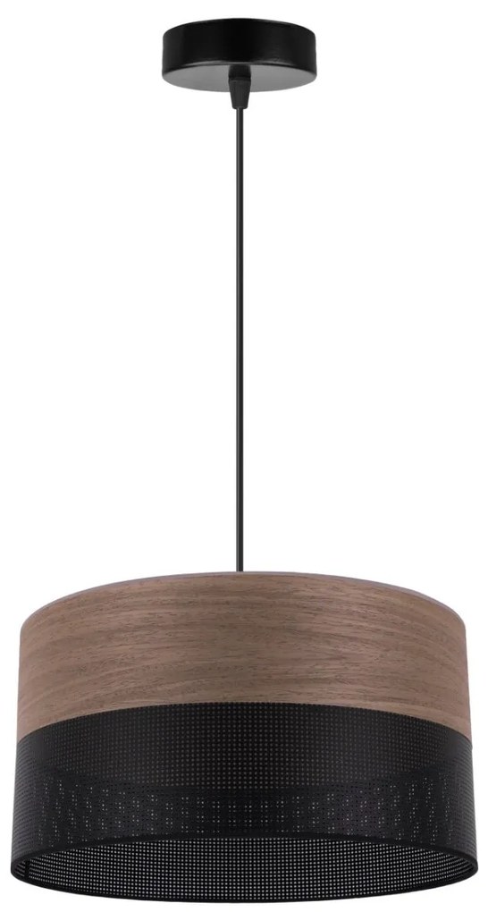 Závesné svietidlo Wood, 1x hnedá orechová dýha/čierne PVC tienidlo, (fi 30cm)