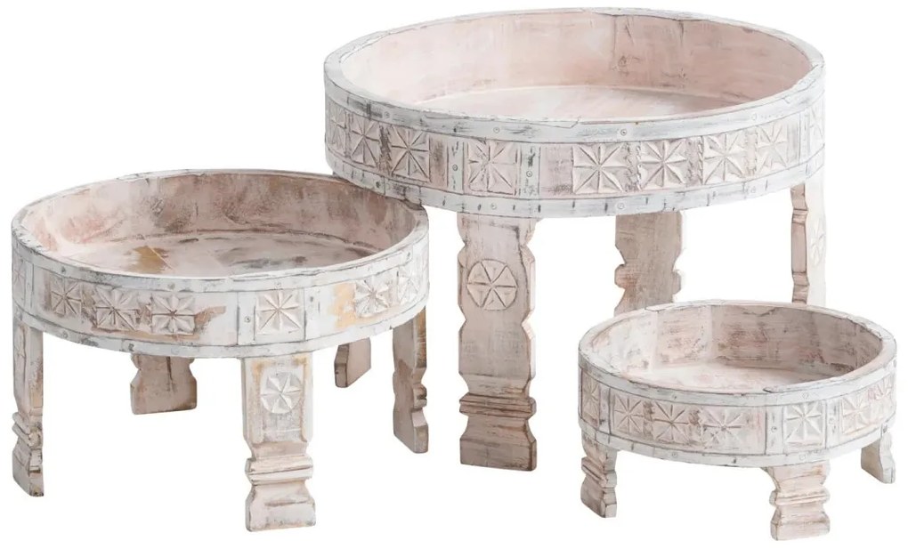 furniture-nabytek.cz - Sada 3 masivních odkládacích stolků Chakki z mangového dřeva, bílá