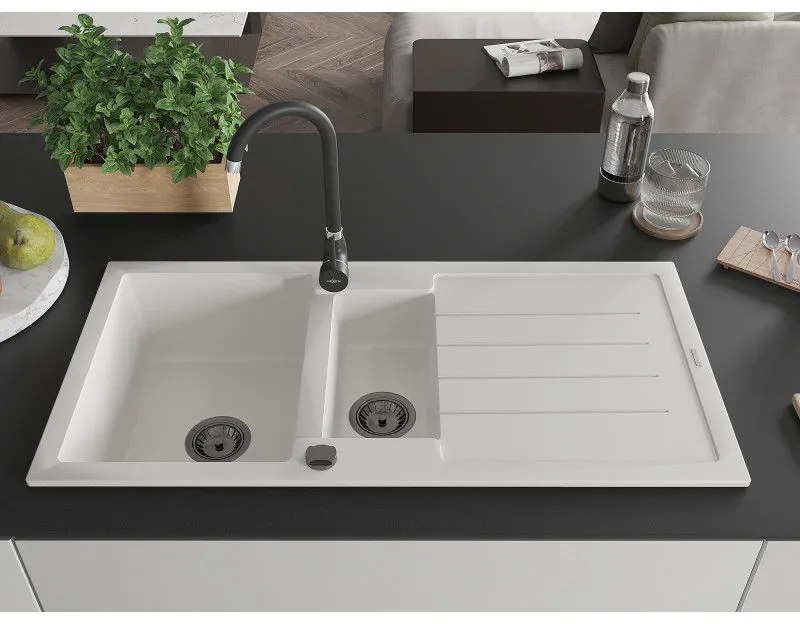 Mexen Andres, granitový drez 1000x500x200 mm, 1,5-komorový, biela s čiernym sifónom a čierna drezová batéria Telma, 6515-20-670200-70