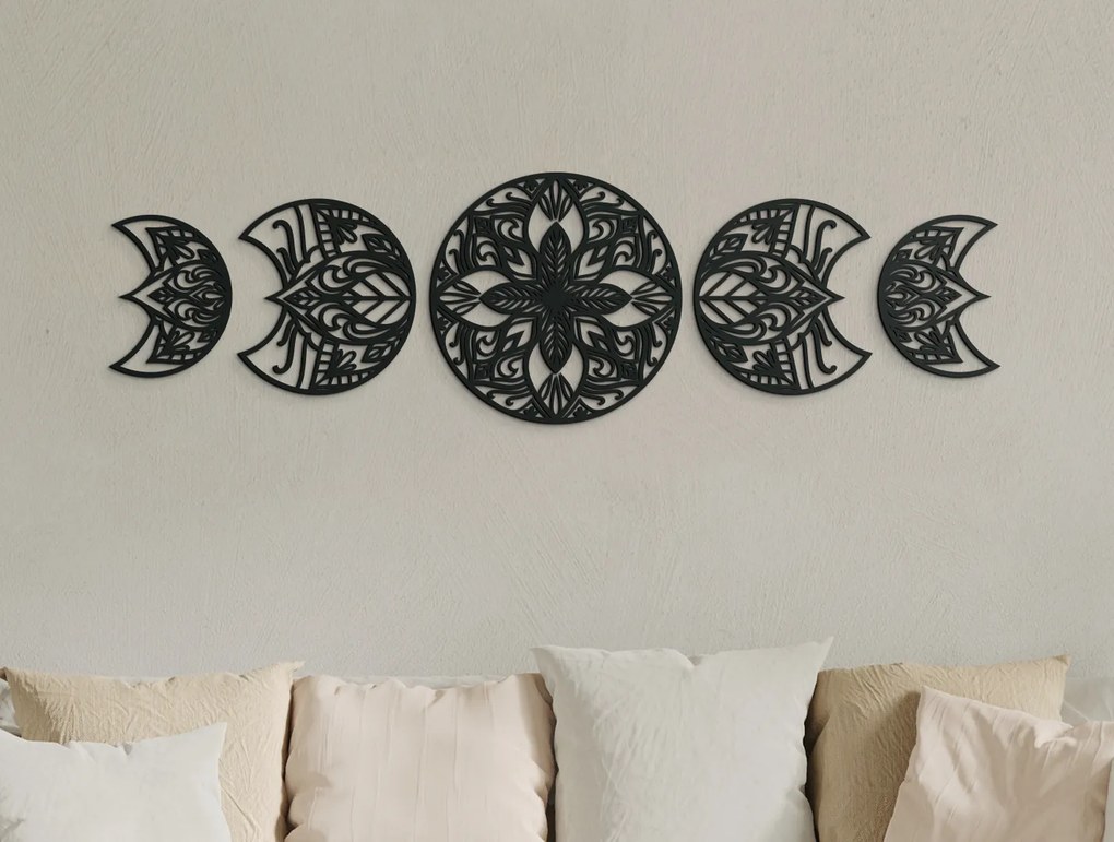 drevko 5-dielna mandala na stenu Rozmer obrazu: 18,5 x 65 cm, Farba dekorácie: Čierna
