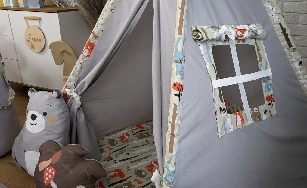 Detský stan TEEPEE (TÝPIE) ANIMALS s doplnkami - LESNÉ ZVIERATÁ - šedý/béžový