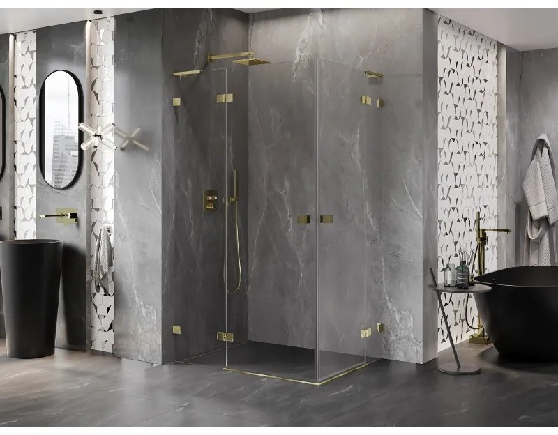 Mexen Lunar, L Duo výklopný sprchový kút 90 x 85 cm, 8mm číre sklo, zlatý profil, 834L-090L-085P-50-00