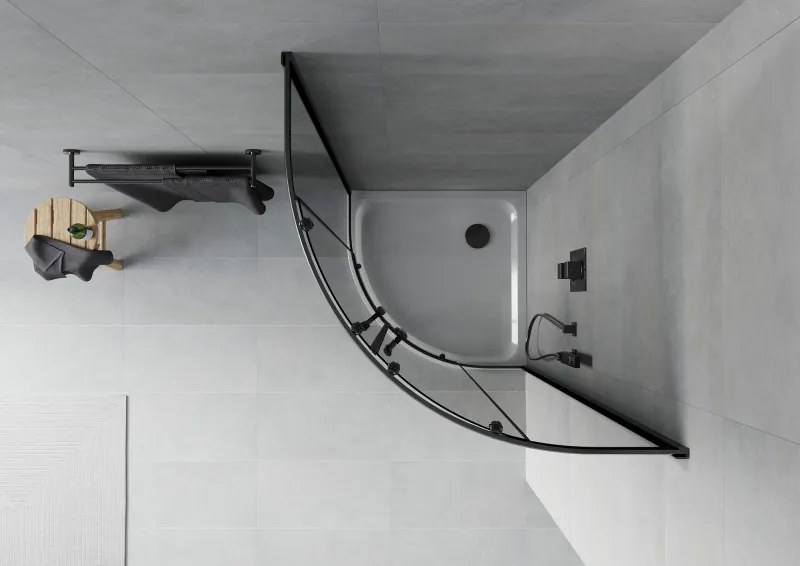 Mexen Rio, štvrťkruhový sprchovací kút s posuvnými dverami 80(dvere) x 80(dvere) x 190 cm, 6mm šedé sklo, čierny profil + biela sprchová vanička SLIM, 863-080-080-70-40-4110B