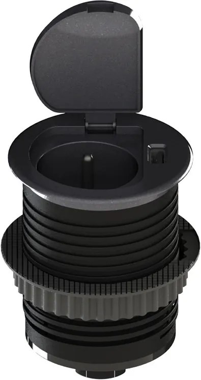 Solight Solight USB vstavaná zásuvka s viečkom, 1 zásuvka, plast, kruhový tvar, predlžovací prívod 1,5m, 3x 1mm2, USB 2100mA, strieborná