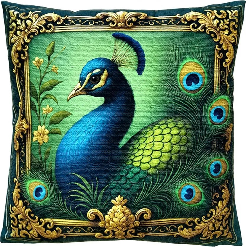Dekoračný vankúš s motívom páva v zlatom ráme - 45*45*4 cm