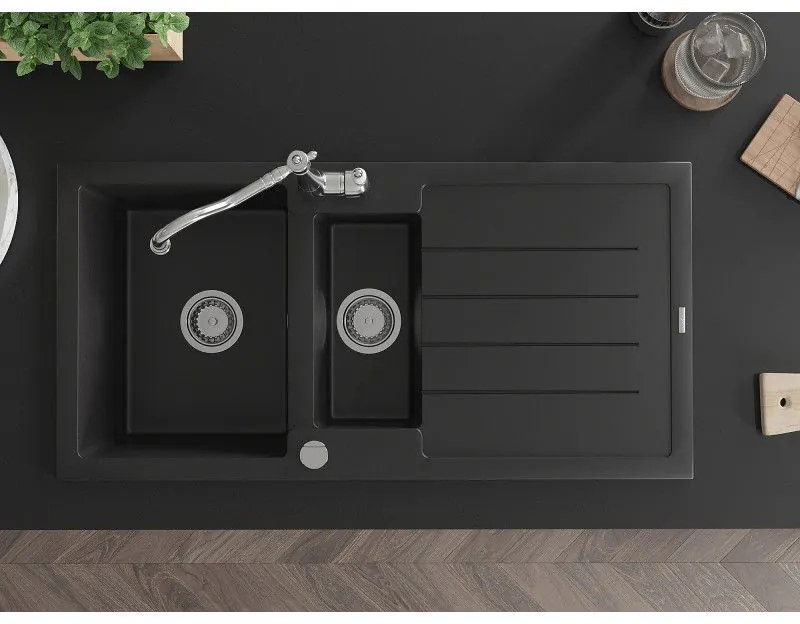 Mexen Andres, granitový drez 1000x500x200 mm, 1,5-komorový a drezová batéria Carla, čierna, 6515-77-670700-00