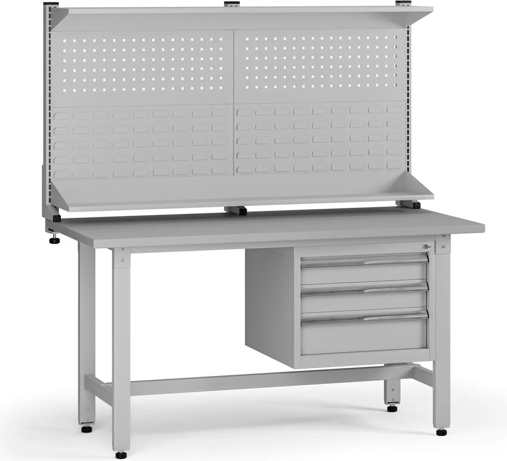 Výškovo nastaviteľný dielenský stôl G5 s nadstavbou, 1500 x 750 x 800-1000 mm, 1x kontajner, 3 zásuvky, sivá