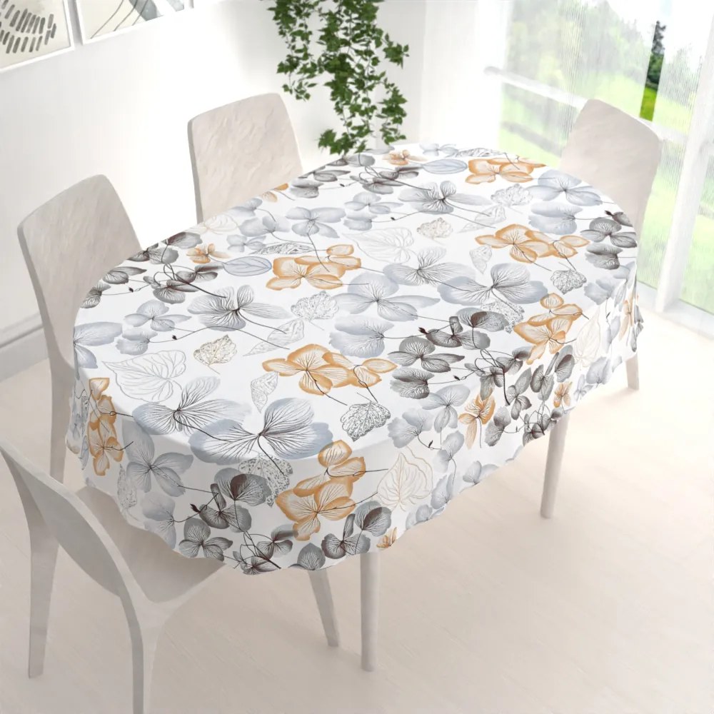 Biante Bavlnený oválny obrus Sandra SA-367 Sivo-oranžové kvety na bielom 120x140 cm