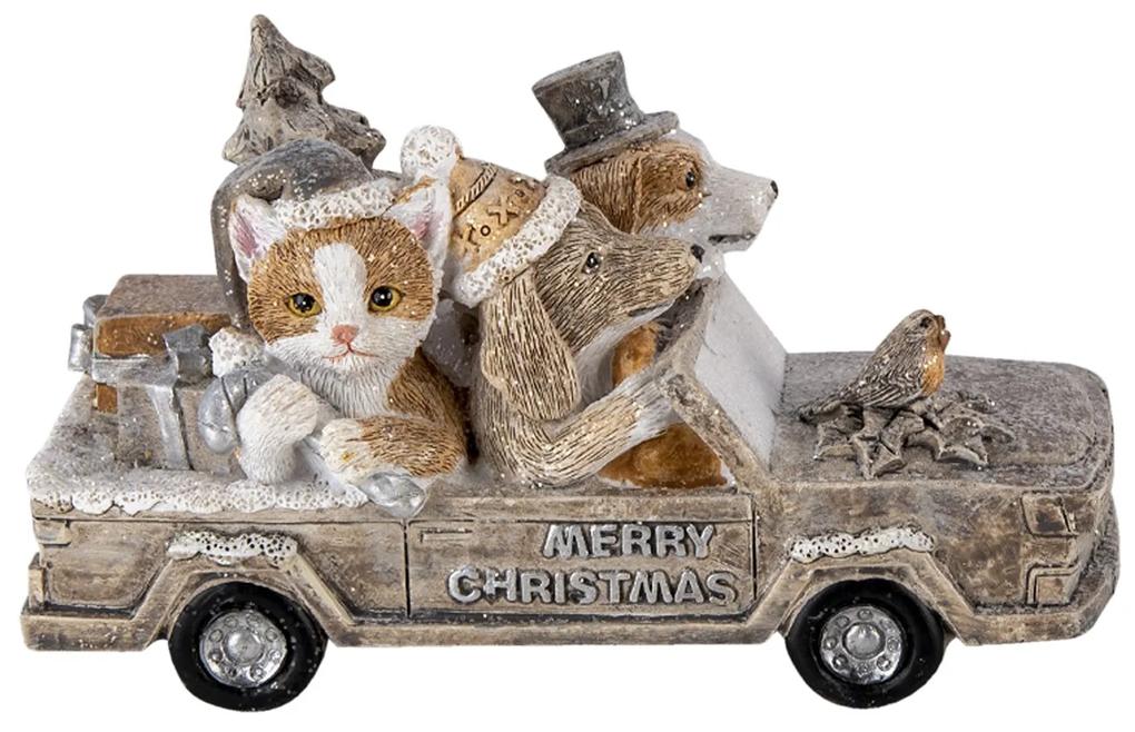 Vianočné dekoratívne soška s mačkou a psíkov v aute - 15 * 7 * 9 cm