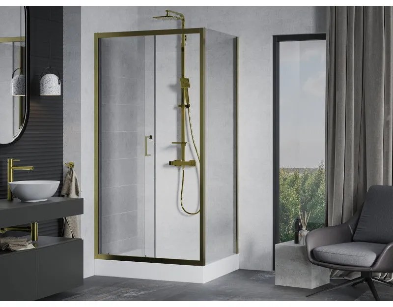 Mexen Apia, sprchový kút s posuvnými dverami 100 (dvere) x 80 (stena) cm, 6mm číre sklo, zlatý profil + biela sprchová vanička RIO, 840-100-080-50-00-4510