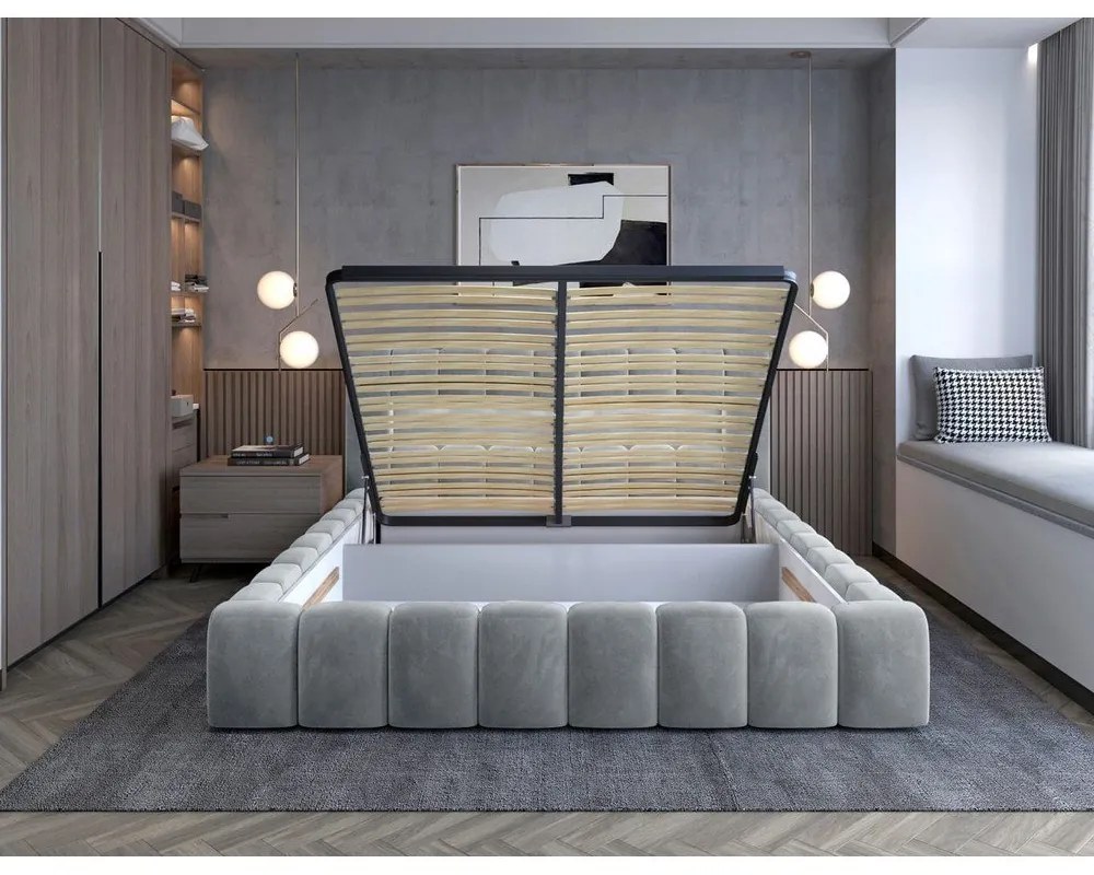 Svetlosivá čalúnená dvojlôžková posteľ s úložným priestorom s roštom 180x200 cm Lamica – ELTAP