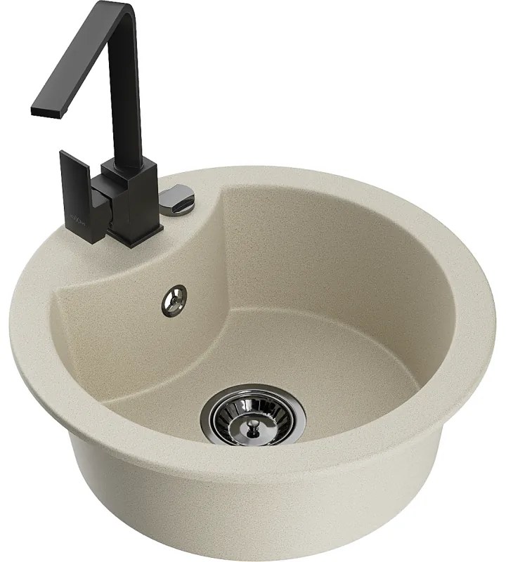 Mexen Diego, 1-komorový granitový drez 488x488x167 mm, čierny sifón, čierna matná batéria Rita, béžová, 6512-69-670300-70